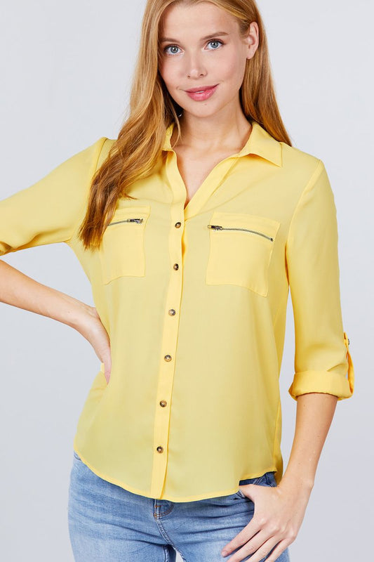 3/4 Roll Up Sleeve Pocket W/zipper Detail Woven Blouse