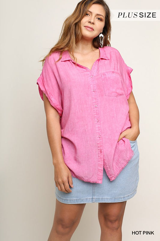 Washed Button Up Short Sleeve Top With Frayed Hemline