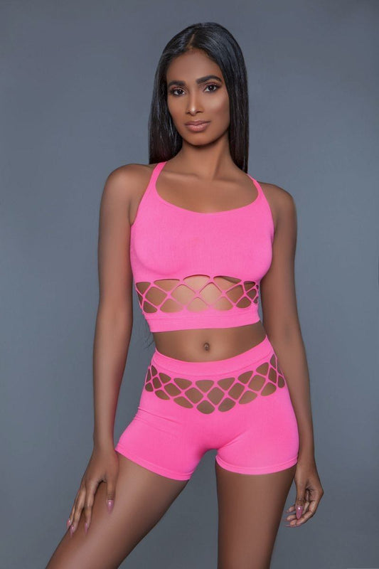 2 pc silk fishnet set that includes a tank crop top with criss-cross cami straps and a pair of high waisted booty shorts