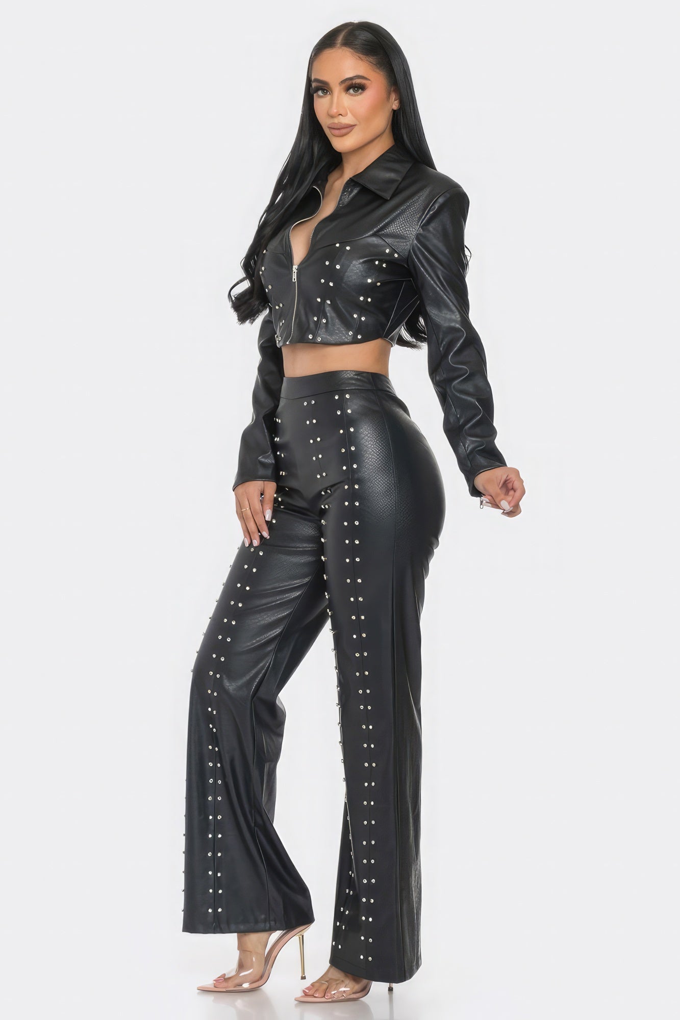 Faux Leather Set With Rhinestone Detail